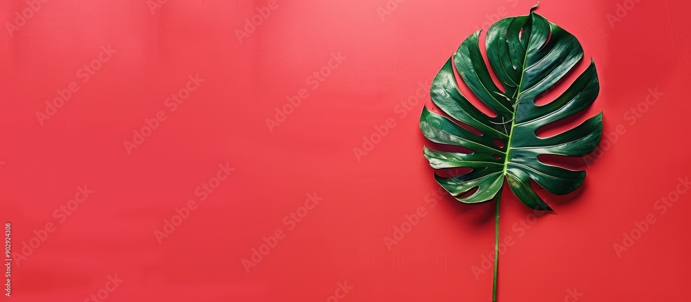 Leinwandbilder a vibrant tropical leaf on a red backdrop with text space simple flat lay poster design with a minim