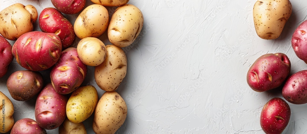 Poster top view of fresh organic potatoes on a white backdrop with copy space image