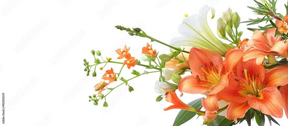 Fototapete A floral arrangement featuring lilies freesias arums with a blank space for adding text or other images known as a copy space image