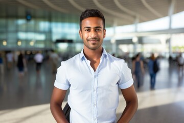 Fototapeta premium Portrait of a content indian man in his 20s donning a classy polo shirt in front of bustling airport terminal background