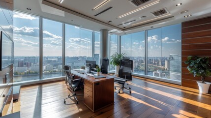 Modern office with city view.