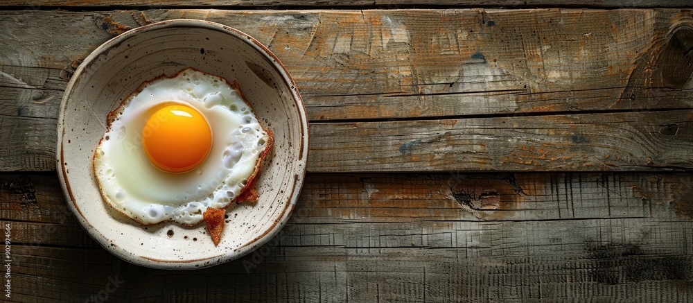 Poster Top view of an egg in a dish on a rustic wooden table with an old background featuring copy space image