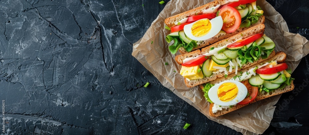 Poster Fresh toast sandwiches with vegetables boiled eggs cheese and avocado arranged on top of a piece of rice paper on a black surface background with copy space image