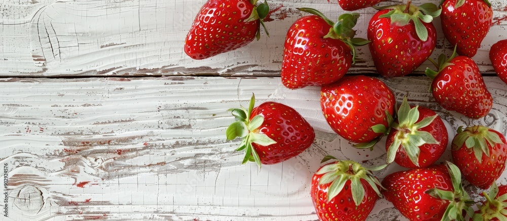 Aufkleber Top view of ripe red strawberries on a rustic white wooden background with copy space image