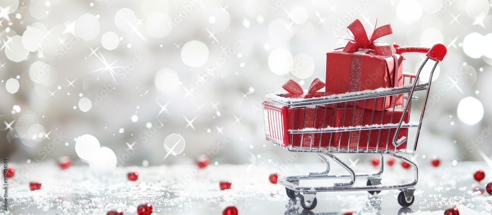 Aufkleber white christmas background with a shopping cart filled with gifts suitable for copy space image