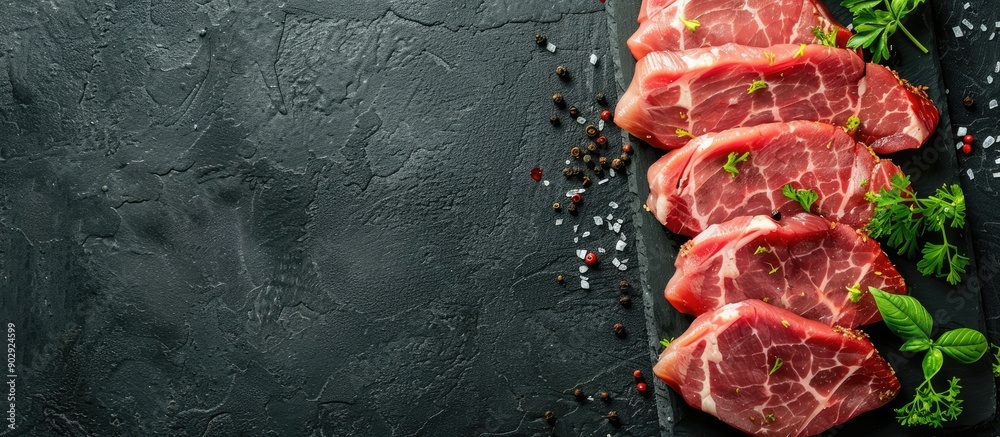 Poster slices of pork spiced with blood for a lunchtime meal preparation with a copyspace image
