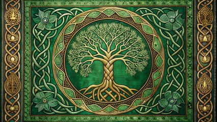 Emerald Tapestry: A Celtic Tree of Life and Death Embroidered in Vibrant Green Hues  Generative AI