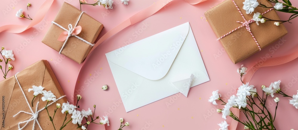 Aufkleber a white card with an envelope a gift box and flowers placed on a pink background serving as a blank 