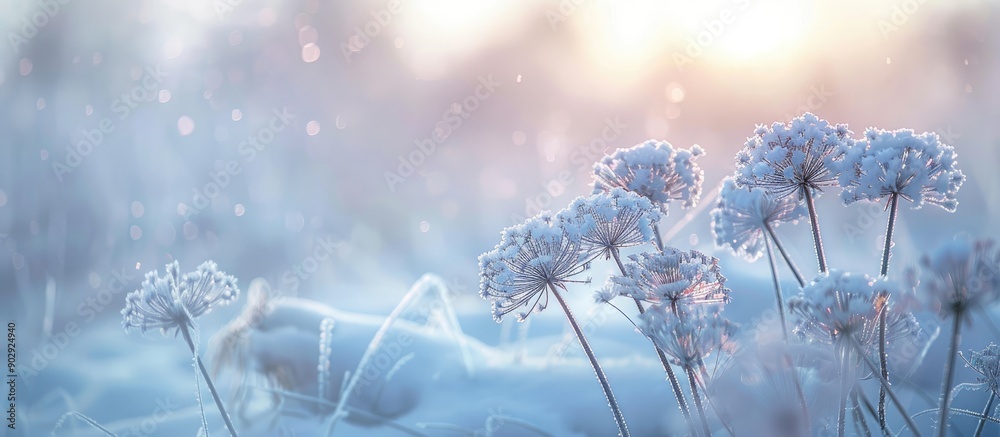 Fototapete soft focus winter background with blurred dill umbrellas covered in frost against a snow covered fie