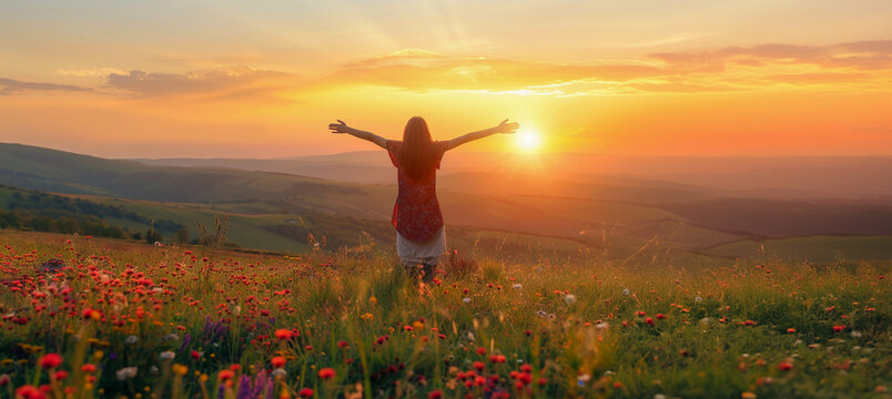 Mujer feliz de pie con los brazos abiertos en la cima de la monta&ntilde;a al atardecer, disfrutando de la naturaleza y el concepto de libertad, espacio de copia, fotograf&iacute;a de alta calidad, mujer en el prad
