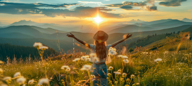 Mujer feliz de pie con los brazos abiertos en la cima de la monta&ntilde;a al atardecer, disfrutando de la naturaleza y el concepto de libertad, espacio de copia, fotograf&iacute;a de alta calidad, mujer en el prad