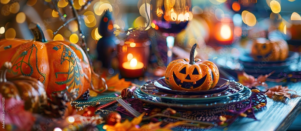 Poster Halloween themed table setting adorned with festive decorations on colorful backdrop with copy space image