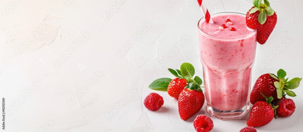 Poster a summer beverage with strawberry milkshake or smoothie in a glass alongside fresh berries on a whit