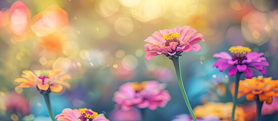 Obraz premium Vibrant zinnia flowers in a garden set against a bokeh background providing copy space image