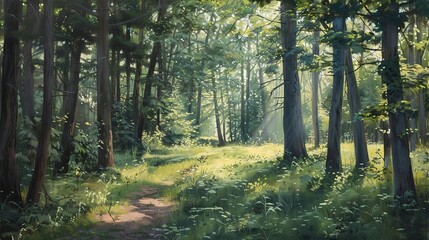 Fototapeta premium Sunlit Forest Path: A Serene Nature Scene