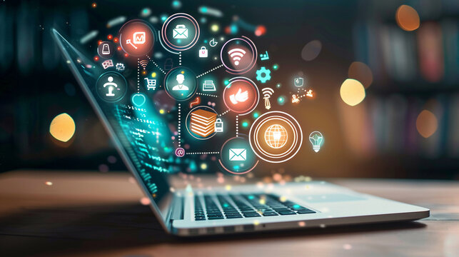 Digital learning concept with a laptop and floating icons for different aspects of online education