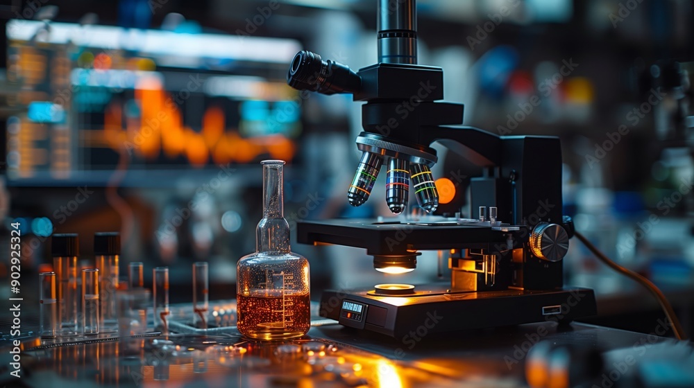 Poster a microscope with adjustable lenses sits on a lab table with test tubes and a beaker filled with a c