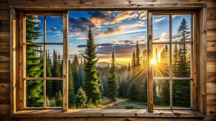 Golden Dawn Through the Pines: A Glimpse of Serene Morning in a Boreal Forest  AI generated