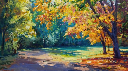 Autumn Colors in the Park: Vibrant Foliage, Sunlight, Trees, Painting, Landscape, Impressionism, Fall, Nature, Art