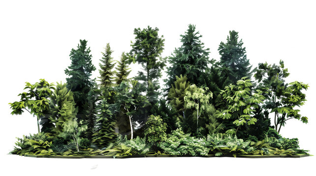 una foresta lussureggiante con una variet&agrave; di alberi e piante verdi. La vegetazione &egrave; fitta e rigogliosa, creando un ambiente naturale e sereno. Su sfondo trasparente, cut-out.