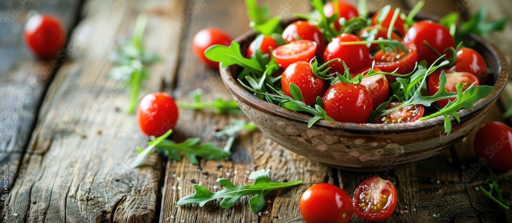 Poster Fresh salad with arugula and cherry tomatoes on a rustic wooden table showcasing a copy space image