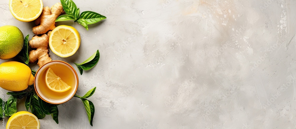 Poster Top view of tea with ginger and lemon on a light gray background offering copy space image