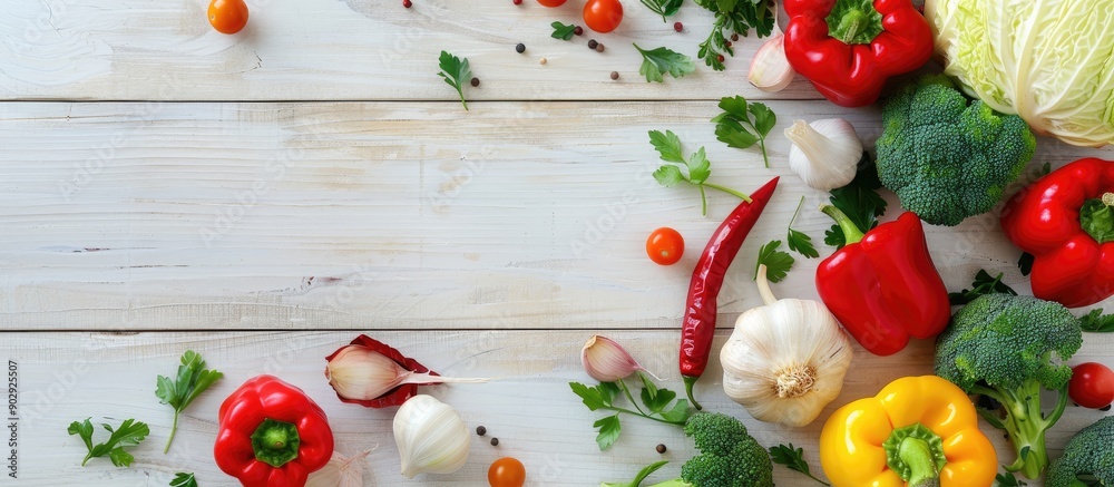 Poster vegetables like pepper cabbage broccoli radish and garlic arranged on a light wood background for a 