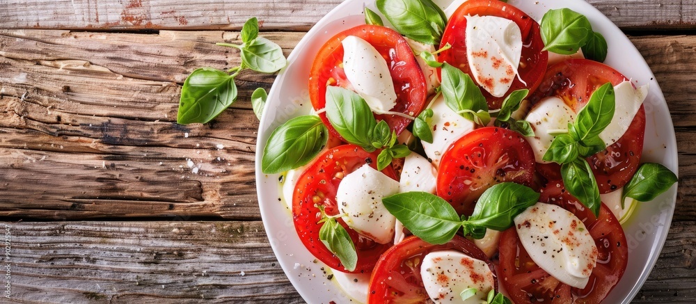Poster top view of a plate with caprese salad a classic italian dish featuring cherry tomatoes fresh mozzar