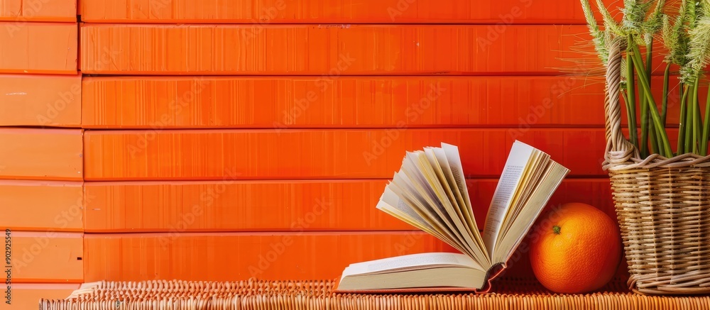Poster wooden table displaying hardback books and an open book on orange rattan background with educational
