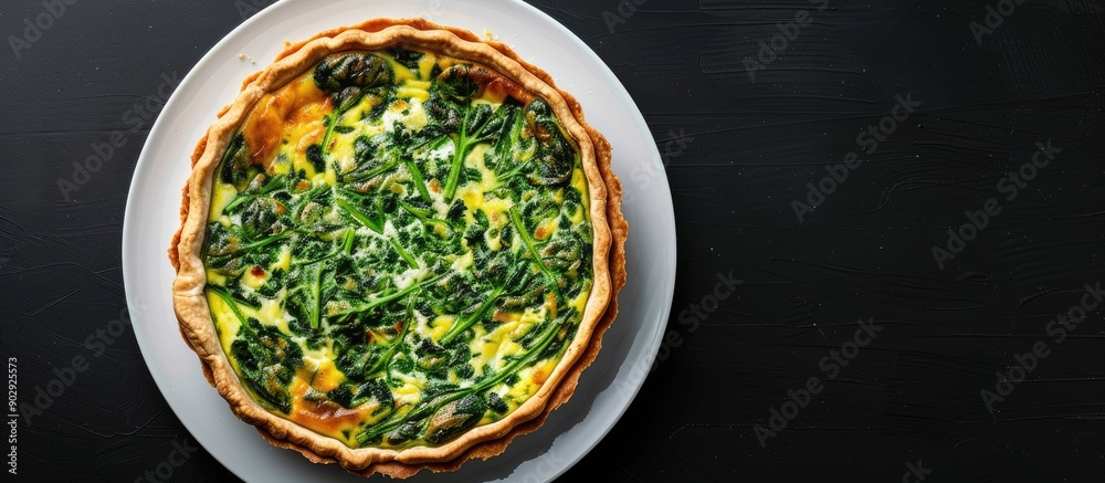 Poster Top view of a homemade spinach quiche on a white plate against a black background with copy space image available
