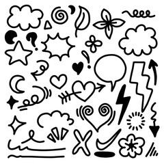 Hand drawn doodle design elements. cloud, Arrow, heart, leaves, star, leaves and other