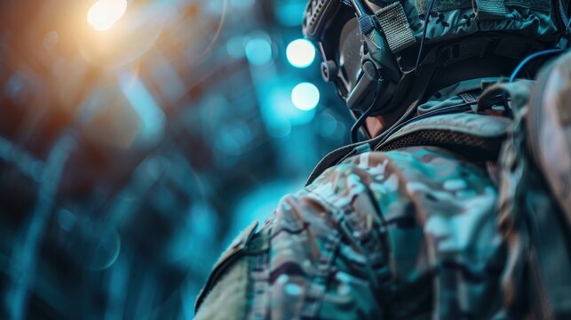 A soldier in modern combat gear inside a high-tech military transport, emphasizing readiness, technology, and the dedication of armed forces personnel in high-pressure environments.