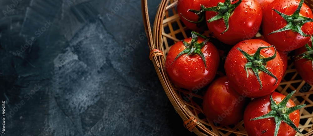 Poster ripe red tomatoes on a bamboo strainer with copy space image