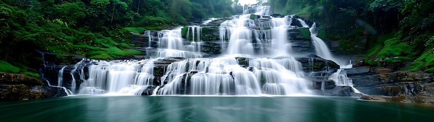 Semi close-up of a picturesque waterfall in the midst of a dense forest, more clarity with clear light and sharp focus, high detailed