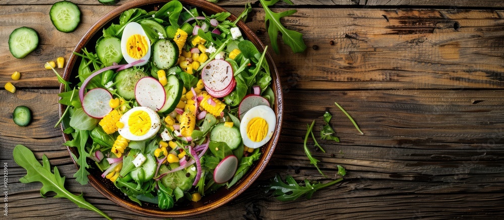 Aufkleber top view of a fresh vegetable salad with corn radish onion cucumber and quail eggs on a wooden surfa