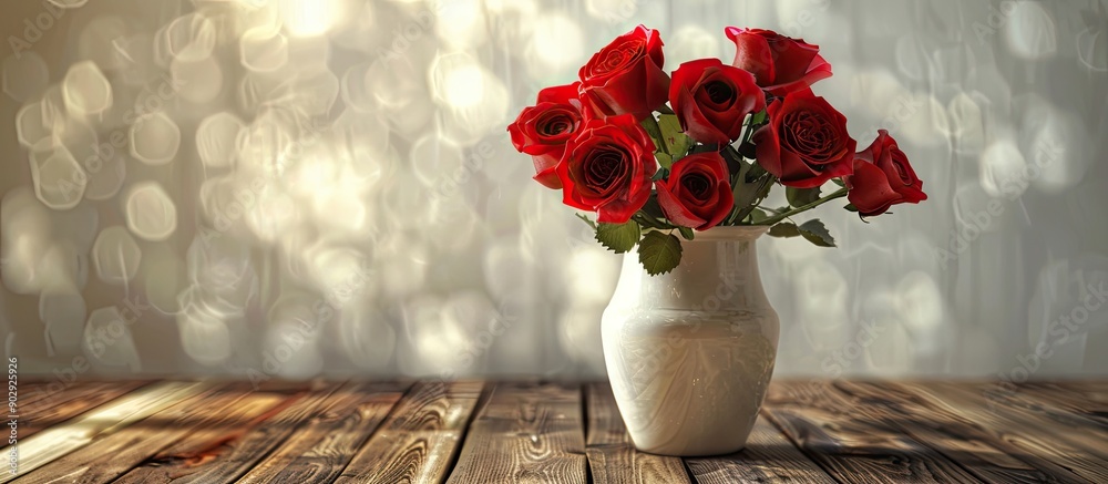 Poster a red rose bouquet in a white vase on a wooden table with a copy space image