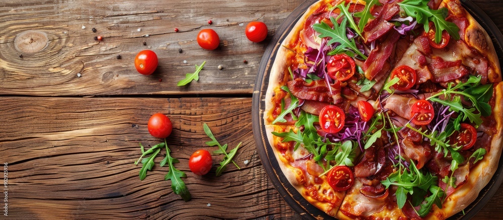 Poster Pizza topped with tomatoes bacon and salad on a wooden backdrop with ample copy space image