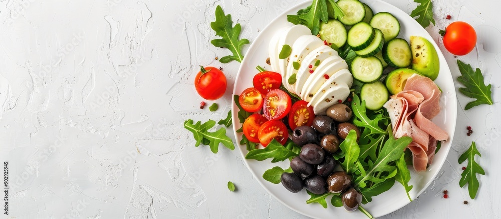 Poster keto dinner plate with boiled pork avocado guacamole tomatoes cucumbers mozzarella olives and arugul