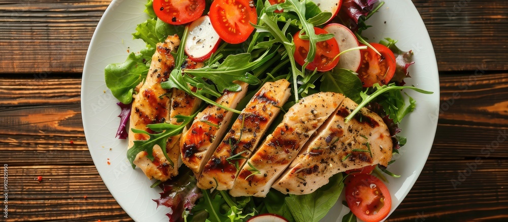 Aufkleber top view of a fresh salad with chicken breast perfect for a copy space image
