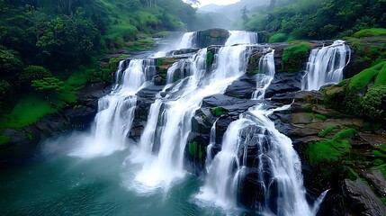 Obraz premium Close-up of a scenic waterfall with mist creating a mystical atmosphere, more clarity with clear light and sharp focus, high detailed