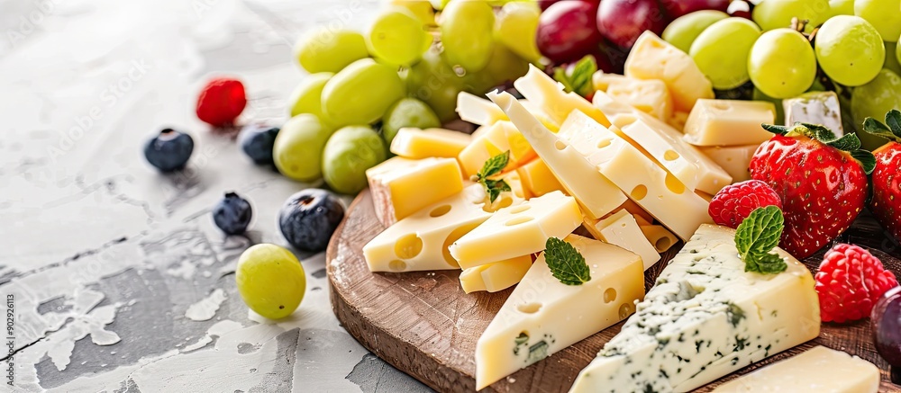 Aufkleber Hard cheese slices arranged on a board with fruit create an enticing display in the copy space image