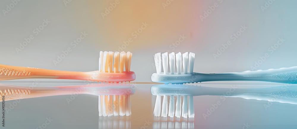 Aufkleber Two toothbrushes in different colors on a white surface with a reflection perfect for adding text or other elements in the copy space image