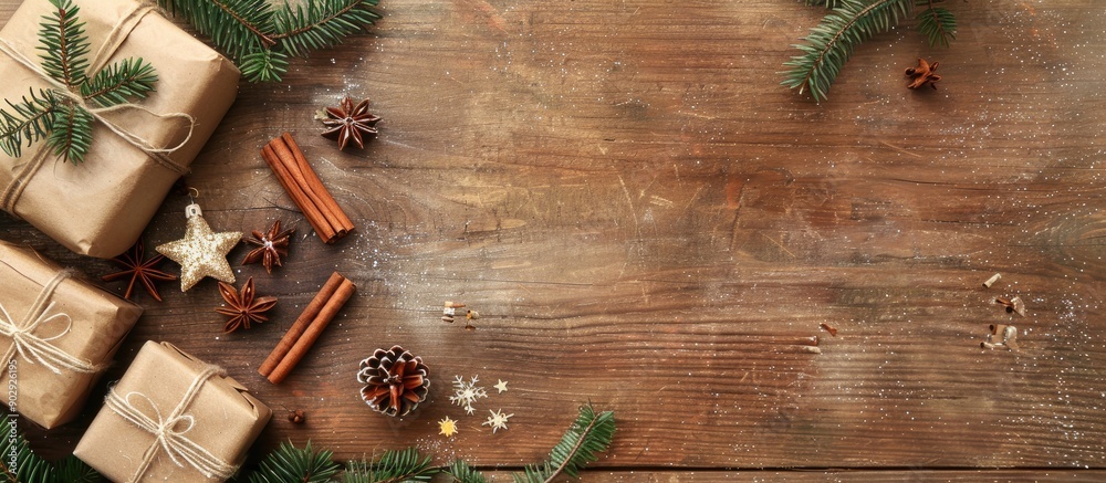 Poster rustic wooden background with a christmas arrangement featuring spruce gifts cinnamon anise and conf