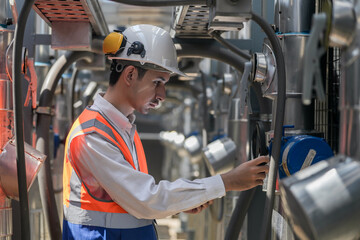 Engineers inspect gas and water pipes for power and cooling in industrial and building systems. workers in safety gear work seriously in oil and gas refining plant with pipes connecting to machinery.