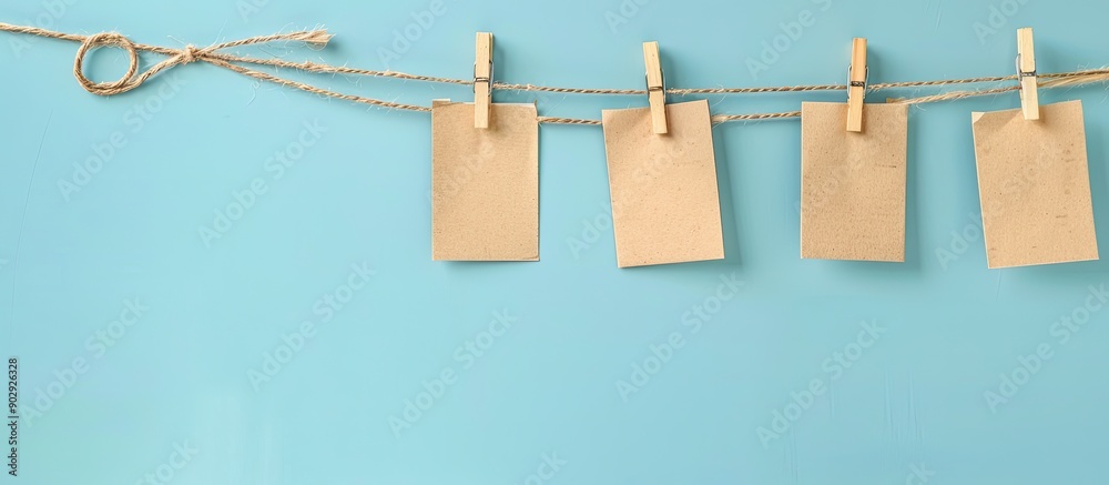 Poster Wooden clothespins holding blank notepapers are displayed on a twine against a light blue background leaving room for text in the copy space image