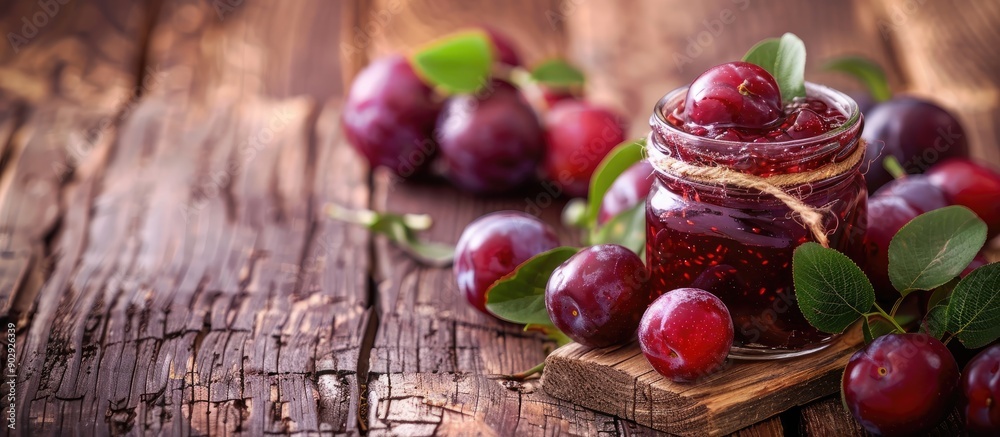 Poster Wooden table with a glass jar of jam and ripe plums creating a rustic scene with copy space image