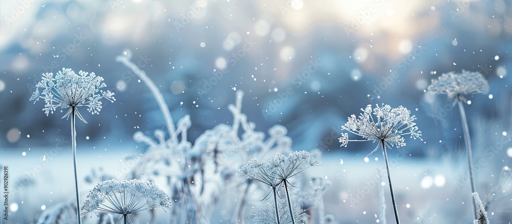 Leinwandbilder soft focus winter background with blurred dill umbrellas covered in frost against a snow covered fie