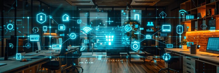 Futuristic Smart Office IoT Devices, Productivity Tools, Technology Icons Overlay in Interconnected Systems