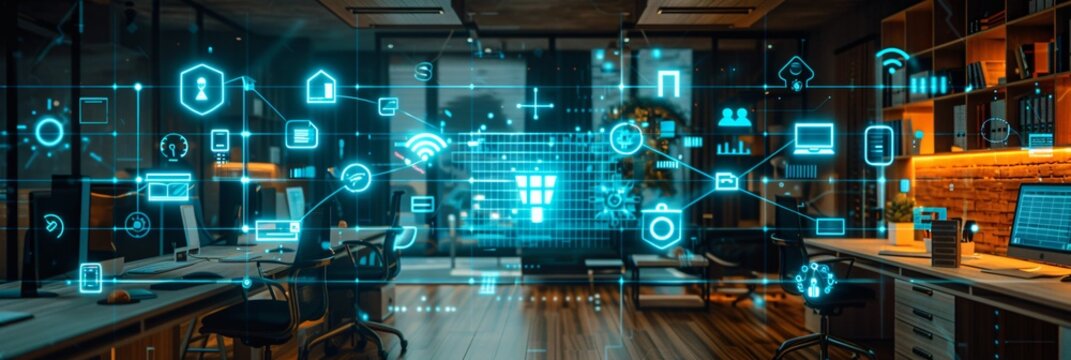 Futuristic Smart Office IoT Devices, Productivity Tools, Technology Icons Overlay in Interconnected Systems
