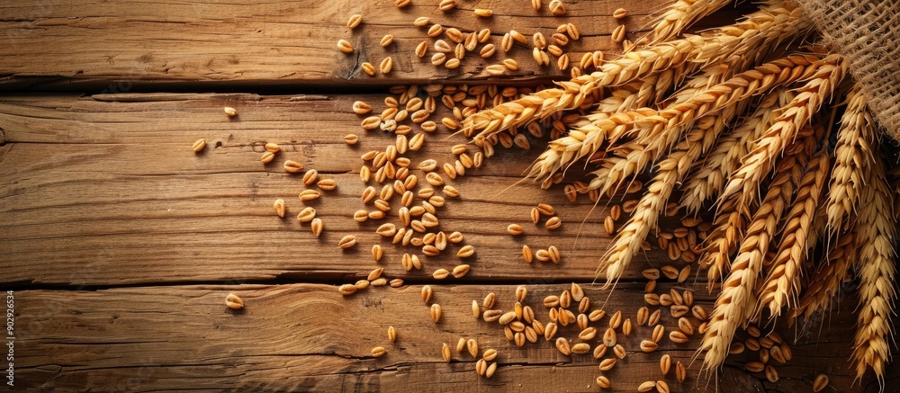 Aufkleber Wheat spilled on wooden table creating a captivating copy space image